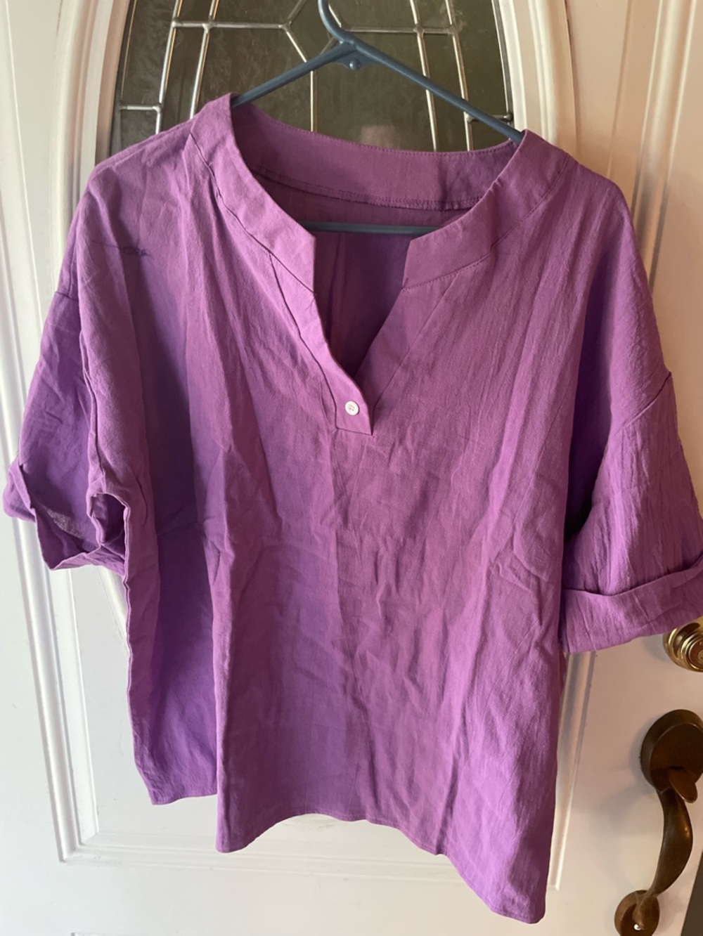 Womens Relaxed Purple Split-Neck Top